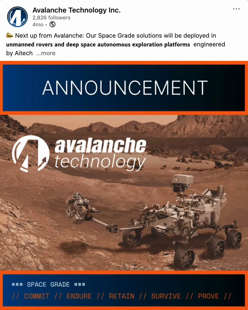 Avalanche Technology social post announcing space-grade solutions for unmanned rovers and deep-space exploration platforms